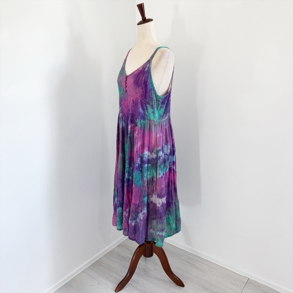 VTG Hibiscus Flower Dress Size Medium Purple Smocked Hawaiian Boho Peasant Fairy - Picture 4 of 9